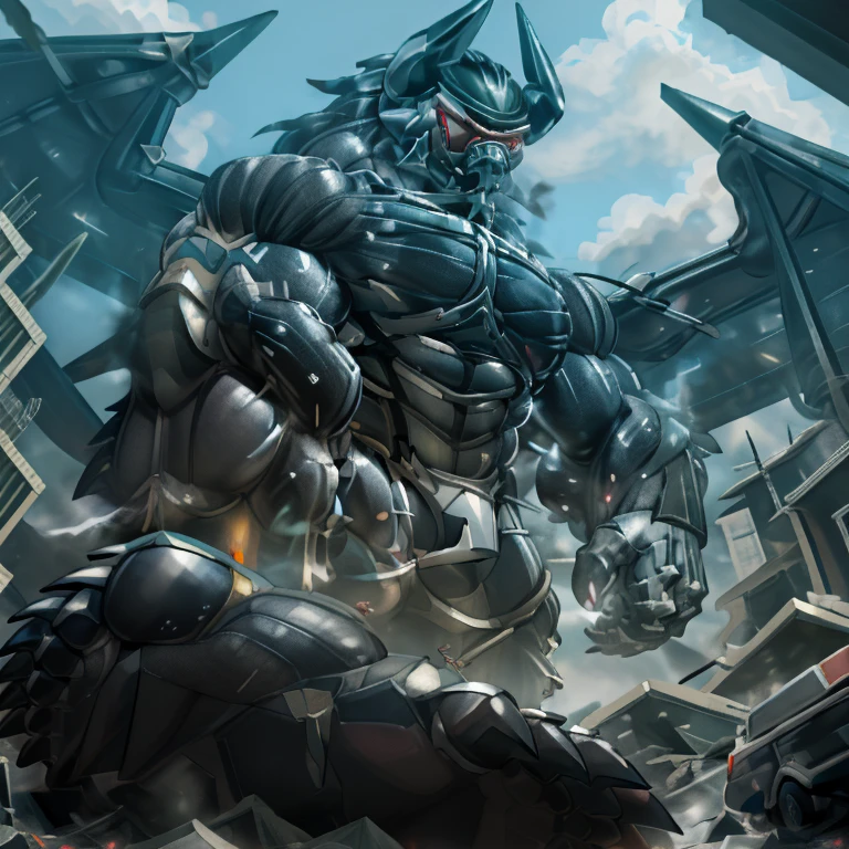 (masterpiece. official art. 8k. best quality. detailed full body. full body.)
(situation 1 : dominating demon lord dragon batzz. focus Colossus mechanical Muscular demon lord dragon batzz is trampling the CITY. macro. stomp. Low-angle perspective. emphasizing the immense size. The perspective is from below, emphasizing the sheer majesty and power of the Colossus. Colossus art. He is much bigger than a skyscraper. Giga Colossuss. micro soccer field. looking down.)

(situation 2 :smoke and flames rising from the destruction in the city)

(Additional details 1: wearing a full-face helmet. helmet is jet black. The color of NANOSUIT is jet black. high-tech bio-mecha armor. real texture material. whole body shines like metal. Wearing cyberpunk mecha. emphasizes the muscles. suit fully made of metal. intricate armor. Robotic suit. suit fully made of metal. NANOSUIT with the same design as demon lord dragon batzz.). (demon lord dragon batzz has 5 toes.)

(Additional details 2: (Detailed head. Detailed Body. Detailed abs. gigantic muscles. HYPER MUSCLES. Gigachad Muscular. big muscle. pecs. triceps. traps. unusually developed muscular body. body full of huge muscles. showing off muscles. pectorales enormes. Exaggeratedly huge muscles. huge muscles. long legs.).

(Additional details 3: nj5furry, Spread wings. It has wings. black have big wings. The claws are sharp. Sharp teeth.5 toes.). 