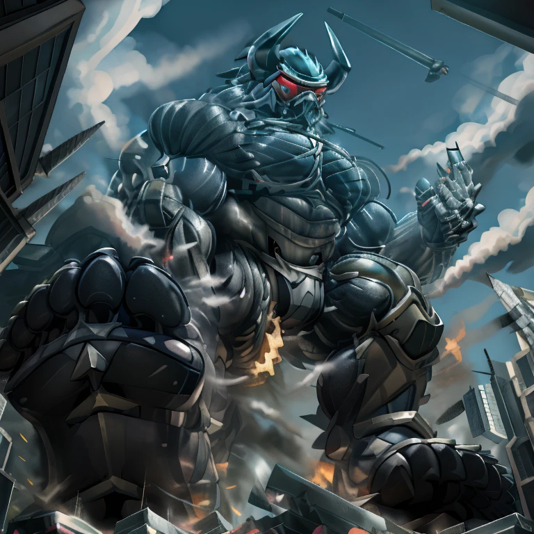 (masterpiece. official art. 8k. best quality. detailed full body. full body.)
(situation 1 : dominating demon lord dragon batzz. focus Colossus mechanical Muscular demon lord dragon batzz is trampling the CITY. macro. stomp. Low-angle perspective. emphasizing the immense size. The perspective is from below, emphasizing the sheer majesty and power of the Colossus. Colossus art. He is much bigger than a skyscraper. Giga Colossuss. micro soccer field. looking down.)
(situation 2 :smoke and flames rising from the destruction in the city)
(Additional details 1: wearing a full-face helmet. helmet is jet black. The color of NANOSUIT is jet black. high-tech bio-mecha armor. real texture material. whole body shines like metal. Wearing cyberpunk mecha. emphasizes the muscles. suit fully made of metal. intricate armor. Robotic suit. suit fully made of metal. NANOSUIT with the same design as demon lord dragon batzz.). (demon lord dragon batzz has 5 toes.)
(Additional details 2: (Detailed head. Detailed Body. Detailed abs. gigantic muscles. HYPER MUSCLES. Gigachad Muscular. big muscle. pecs. triceps. traps. unusually developed muscular body. body full of huge muscles. showing off muscles. pectorales enormes. Exaggeratedly huge muscles. huge muscles. long legs.).
(Additional details 3: nj5furry, Spread wings. It has wings. black have big wings. The claws are sharp. Sharp teeth.5 toes.).