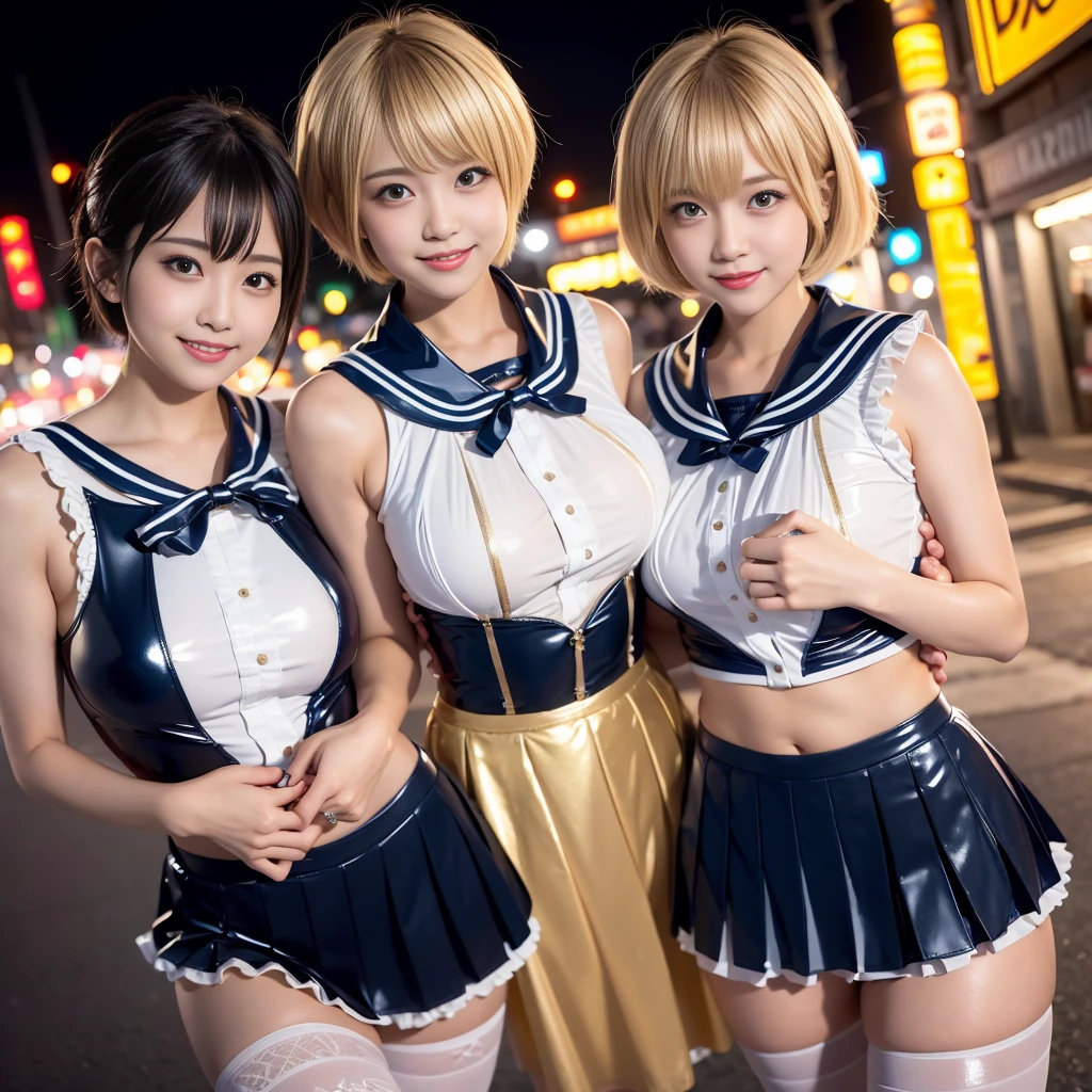 8K resolution, surreal, Super detailed, high quality, perfect anatomy, jammed, (5 women)++, group shot, smiling, cute face, Phenomenally cute, perfect proportion, full body, (Japanese high school girl uniform, latex uniform, sleeveless, summer, sailor collar, shiny swimsuit with frills, short pleated skirt)+++, navel, sheer stocking, night neon street background, (bleached short gold hair)+++, large breasts, invite you inside, eyes of temptation, looking at viewer, inviting eyes, idol