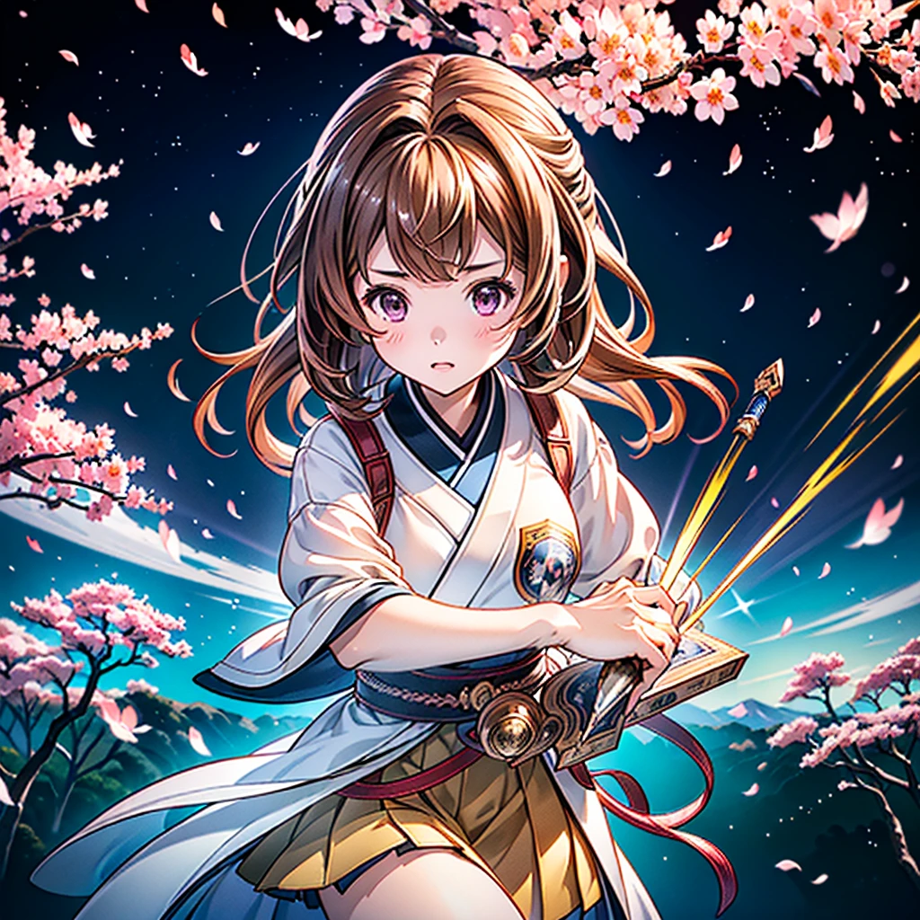 1girl,(((Highest quality、Official Art、The best composition、Masterpiece、Award-winning works)))、Serious expression、The moment the Japanese sword is swung down、ダイナミックなThe best composition、Super huge、detailed、whole body、Fractal art of cherry blossoms falling、hologram、An aura surrounds the person、hideo minaba,