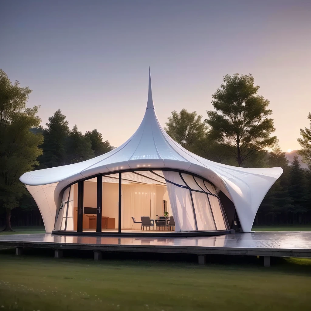 A large white tent sits on a lush green field, tent architecture, Futuristic Church, Stylish Utopian Design, Concept House, Zaha Hadid Octane Highlights Rendering, Futuristic House, Moonlight Rendering, Architectural Visualization, Rendering with V-Ray, in style of zaha hadid architect, Futuristic architecture concept, Stunning rendering, Rendering in VRay, Architectural Rendering, Architectural Renderinging,Smooth surface
