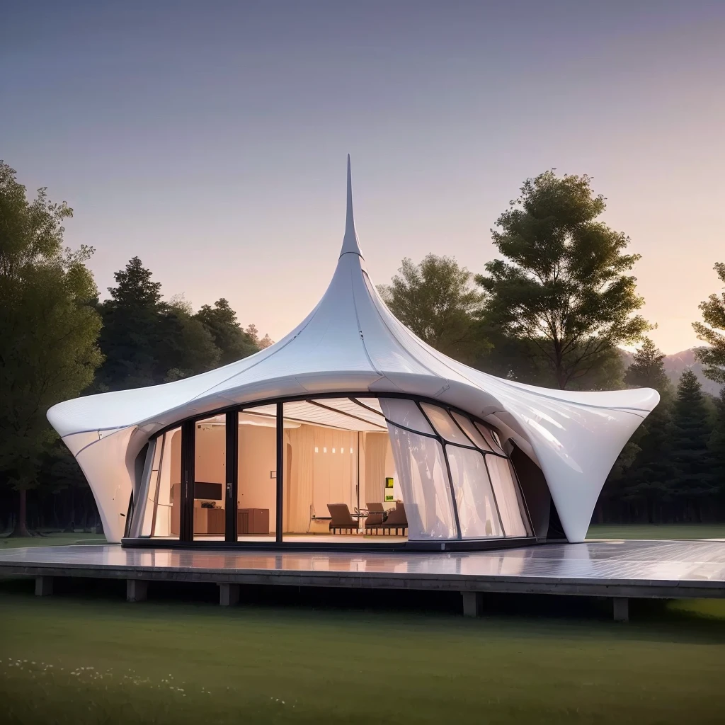 A large white tent sits on a lush green field, tent architecture, Futuristic Church, Stylish Utopian Design, Concept House, Zaha Hadid Octane Highlights Rendering, Futuristic House, Moonlight Rendering, Architectural Visualization, Rendering with V-Ray, in style of zaha hadid architect, Futuristic architecture concept, Stunning rendering, Rendering in VRay, Architectural Rendering, Architectural Renderinging,Smooth surface