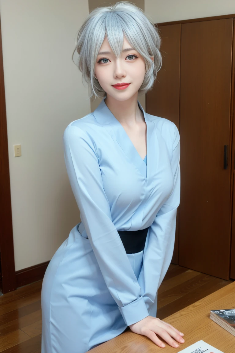 best quality, tmasterpiece,Ultra-high resolution,Clear face,（Reality：1.4），ferpect lighting，(full body shot), (photorealistic:1.50), anime wallpaper, Guviz style artwork, cover-up fantasy up to magic , by Yang J, Guviz, beautiful artwork illustration, beautiful digital artwork, beautiful digital illustration, Li Song, beautiful anime portrait, art style in Beauvot, 1 girl, cute, 独奏, bedroom, tutoring, books in table, fruit in table, chair beside table, sitting, dating, (nose blush), (smile:1.15), (closed mouth) ,small breasts, beautiful detailed eyes, (collared shirt:1.1),kimono, (short hair:1.5), floating hair NovaFrogStyle, silver hair, blue eyes, natural lips, slim body,