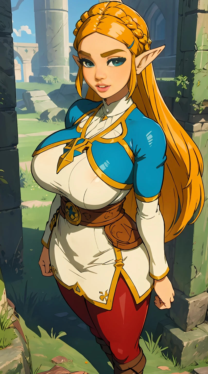 A Mature Woman with long hair in blue and beige clothing holding a modeling pose, warrior, Zelda, full body Portrait of Zelda, Zelda legend, Photos cosplay, Ornate Cosplay, Professional Cosplay, Cosplay, Full Cosplay, Artgerm Moody Photography, Princess Zelda, Zelda as Triforce, Hyrule, Anime Garota Cosplay, ray-traced, 3d-render, extremely detailed, high quality, realistic light and shadow, hair loiros, eye reflection, slight smile, (Ultra Quality,Unparalleled Masterpiece:1.4)Overwhelmingly Pixel-Perfect,Ultra-Detailed CG 4K,(Ultra-Detailed Clear Absurdly-Vivid Jade Big Eyes:1.2),Gorgeous Round Detailed Face(Voluptuous:1.4)Elf(big Breasts:1.8)(Voluminous Long Blonde Hair: 1.4),ADULT(Bangs, Sidelocks:1.2)Seductive(intricately detailed white dress:1.3)(Zelda)(Celestine Lucullus: 1.2)(Solo:1.4)(1Girl: 0.5)(Facing Viewer:1.2)(arms behind back:1.2)(Cowboy Shot:1.2)(from above:1.1),Skindentation(Curvaceous:1.4)(Curvy:1.4)(Bimbo: 1.4)(Normal Waist: 1.2)(Thick Lips: 1.3)small-nose(light smile: 1.2)Rocks,Trees, Plants,Bush,Color Graded, dress as sailor venus