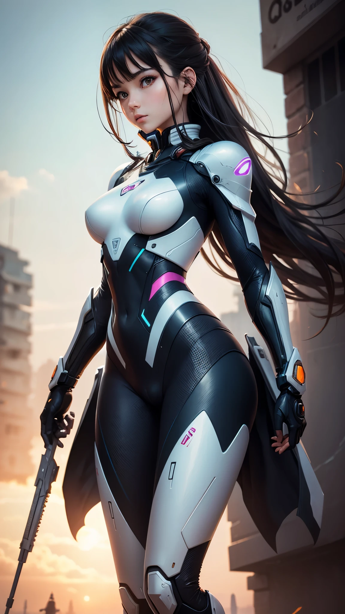 (Perfect Anatomy:1.4,Highest quality、超High resolution、High resolution、Highly detailed CG、8K Unit Wallpaper),((Biologically correct limb count))、(Symmetrical facial features))、Eyes with detailed description、Beautiful woman、Excellent style、(thin)、Facial detailing,masterpiece、Vibrant, Imaginary image of a girl in a mecha suit, (Fly gracefully across the battlefield of the future). The girl is full of energy, Bright colors contrast with muted hues, The mechanical beauty of the suit. The suit&#39;s vibrant colors and intricate details、Sophisticated, Mecha futuristic design.