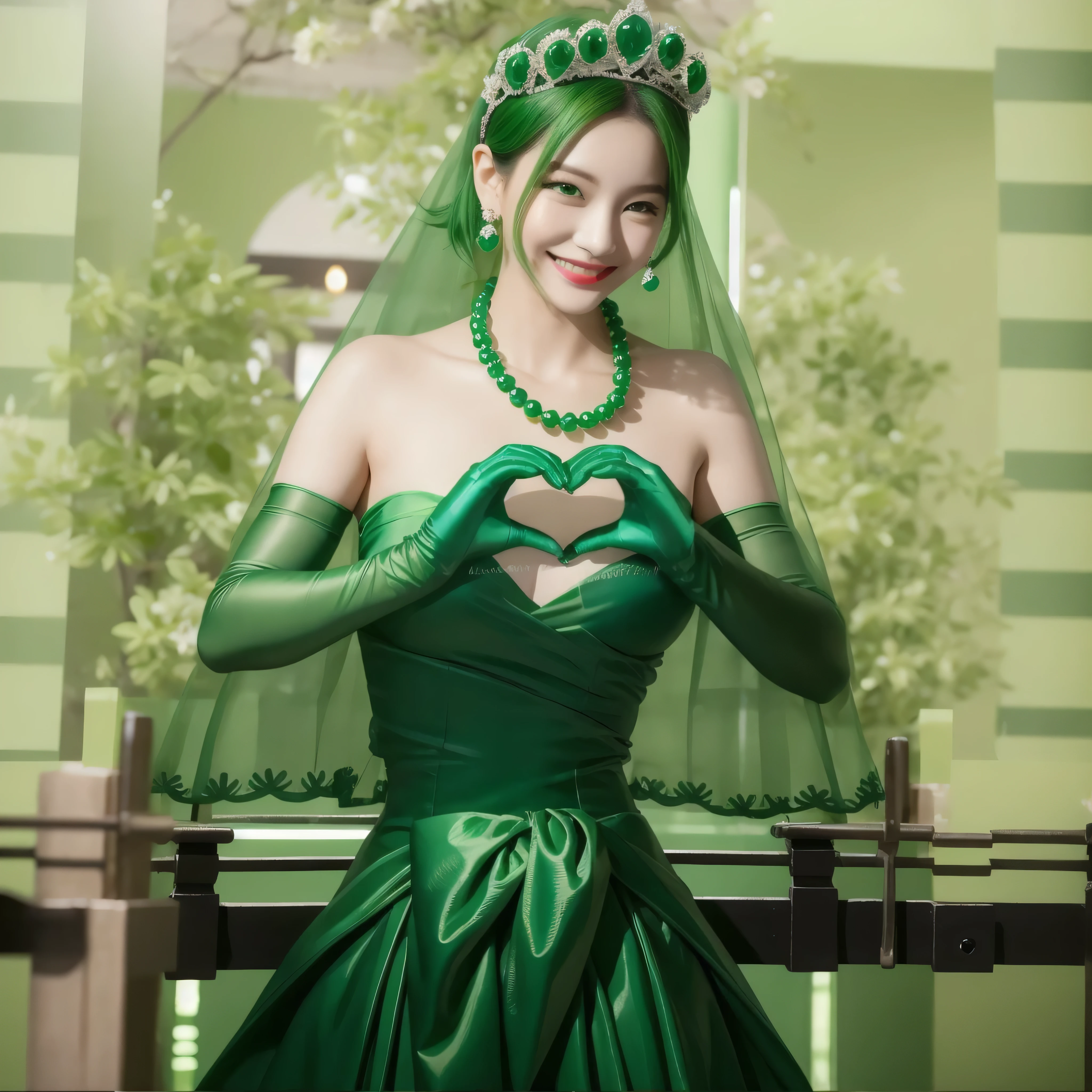 emerald tiara, Green Pearl Necklace, Boyish very short green hair, Green Lips, Smiling Japanese woman, Very short hair, Busty beautiful lady, Green Eyes, Green satin long gloves, Green Eyes, Emerald Earrings, Green veil, Heart with both hands, Green Hair, Beautiful Japanese Women, Heart shaped hands:1.3, green lip gloss