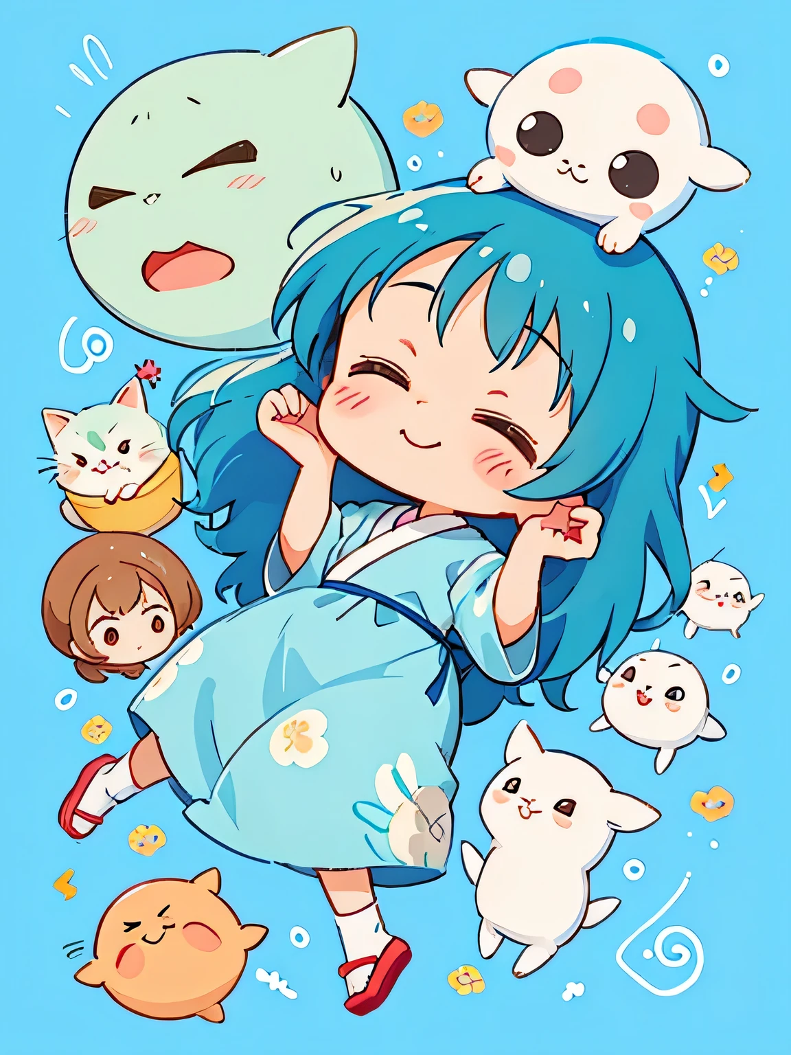 Hayao Miyazaki style、Kawaii Design, The most beautiful girl of all time、chibi, Cute and colorful amoeba, 寝る, best smile,