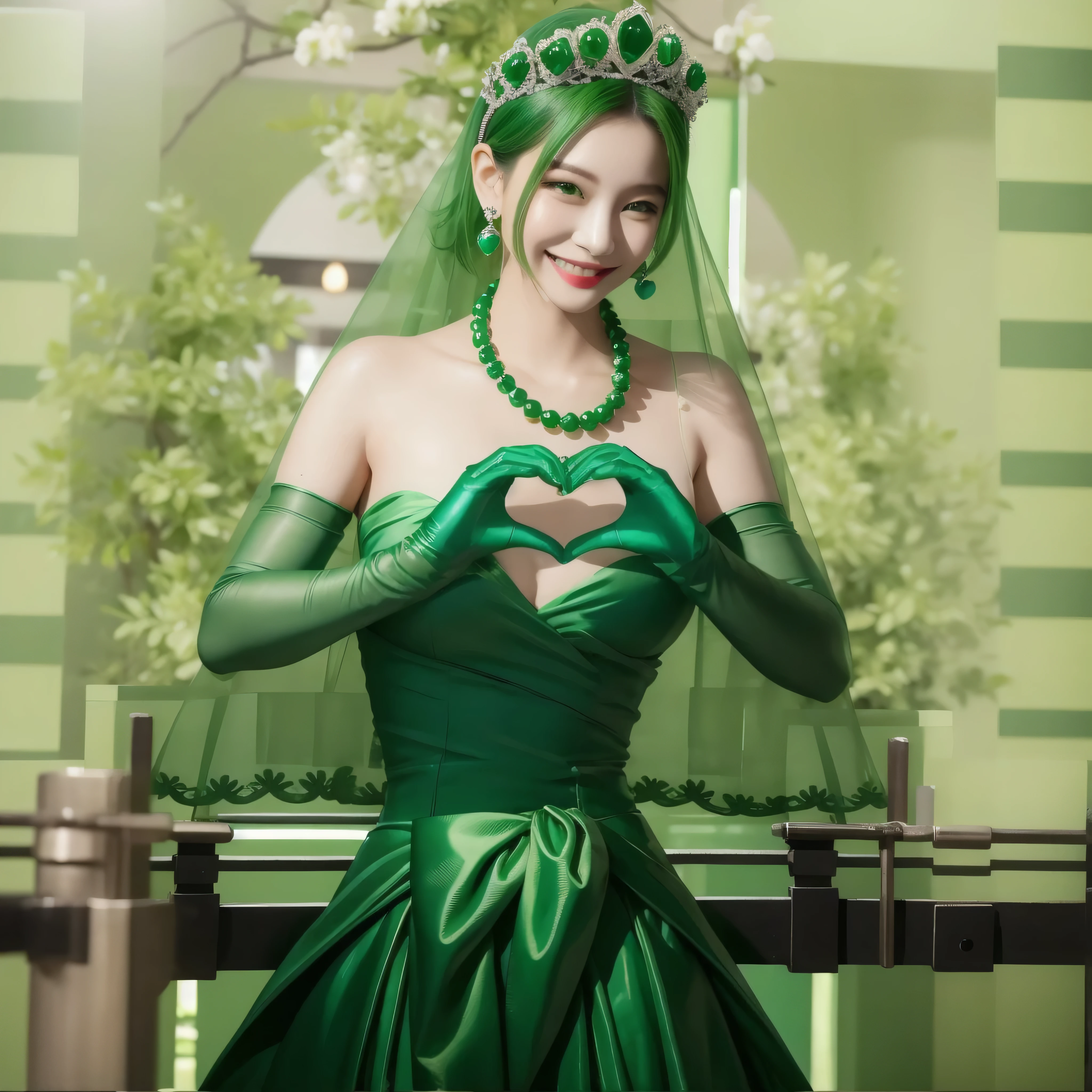 emerald tiara, Green Pearl Necklace, Boyish very short green hair, Green Lips, Smiling Japanese woman, Very short hair, Busty beautiful lady, Green Eyes, Green satin long gloves, Green Eyes, Emerald Earrings, Green veil, Heart with both hands, Green Hair, Beautiful Japanese Women, Heart shaped hands:1.3, green lip gloss