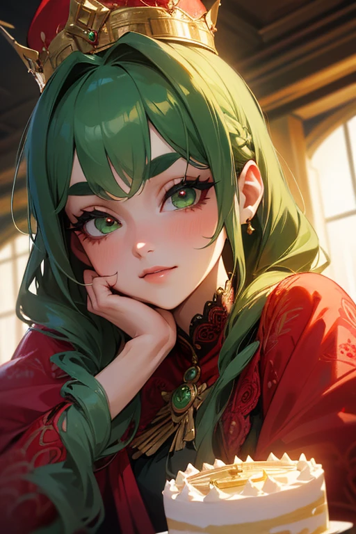 (Highest quality, masterpiece:1.2), High resolution, Very detailed, Realistic:1.37, Fantasy, An illustration, Green Eyes、Queen, Red lace dress.Platinum decoration、beautifully、Eyeshadow Red、Thick eyebrows、Long eyelashes、pupils are black、Her hair is dark green、Gold crown、Kissing Face、Embarrassing、Beloved by the crowd、Hair is green、Braiding、hair ornaments、Laugh out loud、cake、
