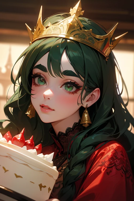 (Highest quality, masterpiece:1.2), High resolution, Very detailed, Realistic:1.37, Fantasy, An illustration, Green Eyes、Queen, Red lace dress.Platinum decoration、beautifully、Eyeshadow Red、Thick eyebrows、Long eyelashes、pupils are black、Her hair is dark green、Gold crown、Kissing Face、Embarrassing、Beloved by the crowd、Hair is green、Braiding、hair ornaments、Laugh out loud、cake、