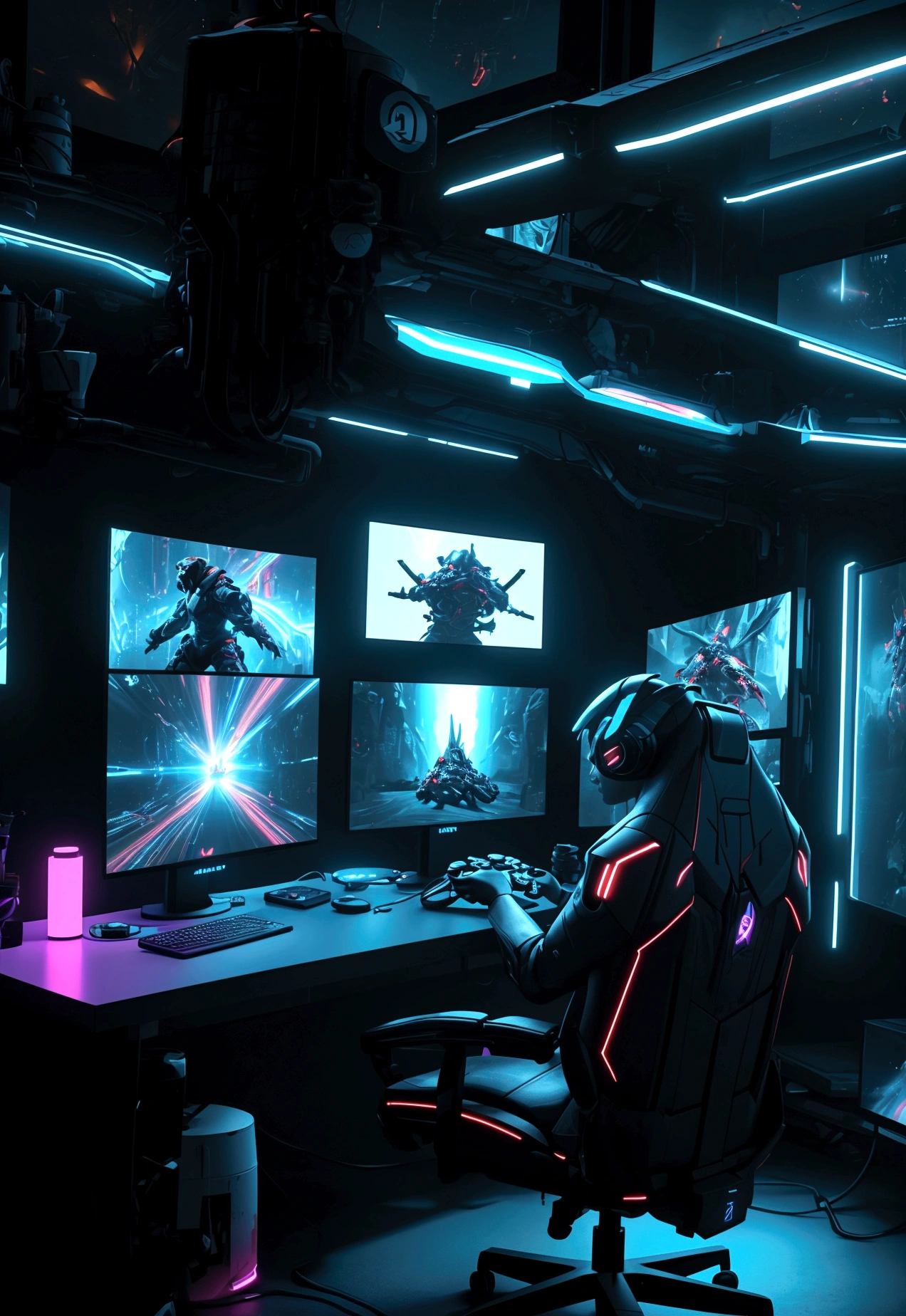 A vibrant gamer playing video games with a controller in hand, surrounded by multiple screens displaying different games, futuristic gaming setup, neon lights, cinematic lighting, hyper-detailed, 8k, photorealistic, volumetric lighting, cinema 4d, unreal engine, concept art, masterpiece