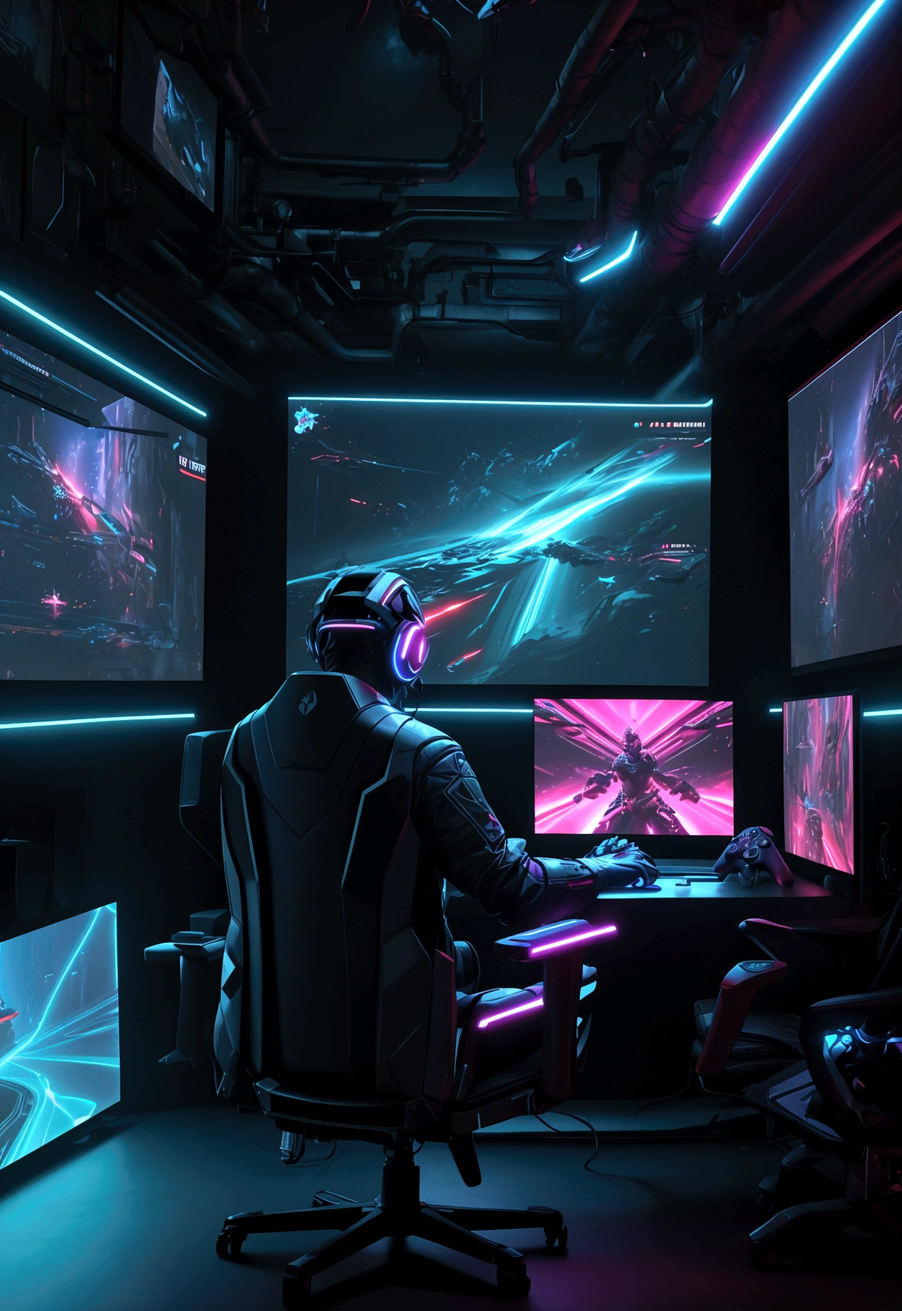 A vibrant gamer playing video games with a controller in hand, surrounded by multiple screens displaying different games, futuristic gaming setup, neon lights, cinematic lighting, hyper-detailed, 8k, photorealistic, volumetric lighting, cinema 4d, unreal engine, concept art, masterpiece