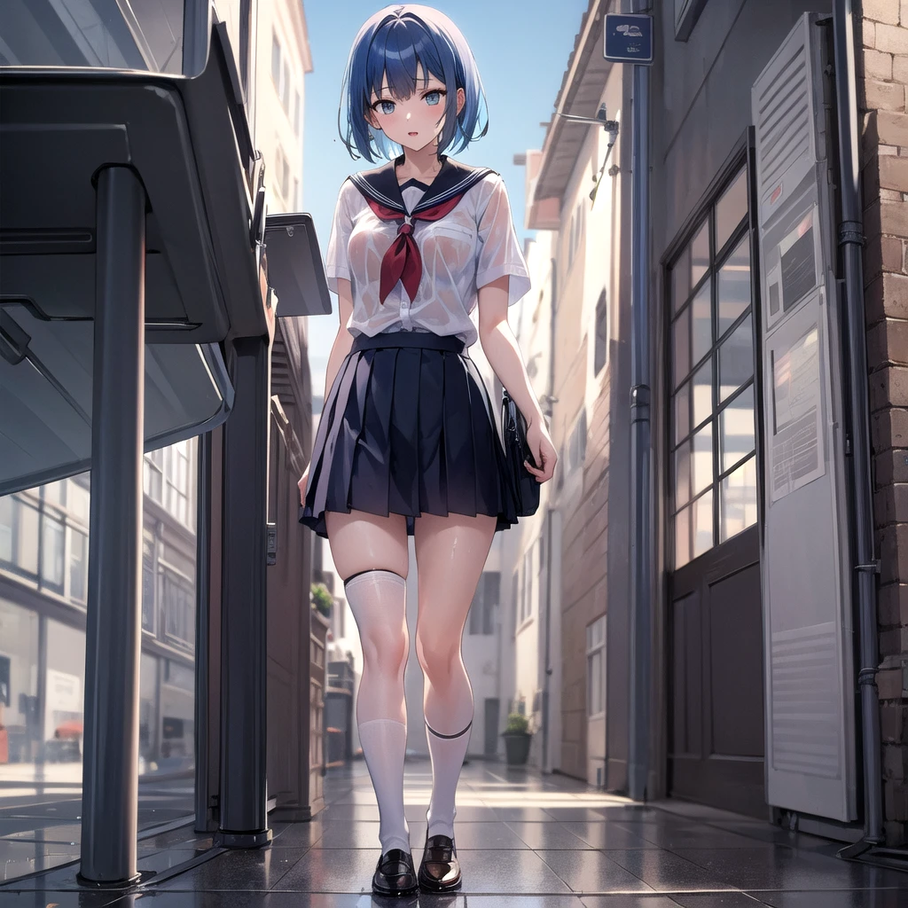 Photo, masterpiece, Best quality, wallpaper, 1 girl, short hair, sky blue hair, , 15 years, school, , stockings, skirt, wet panties