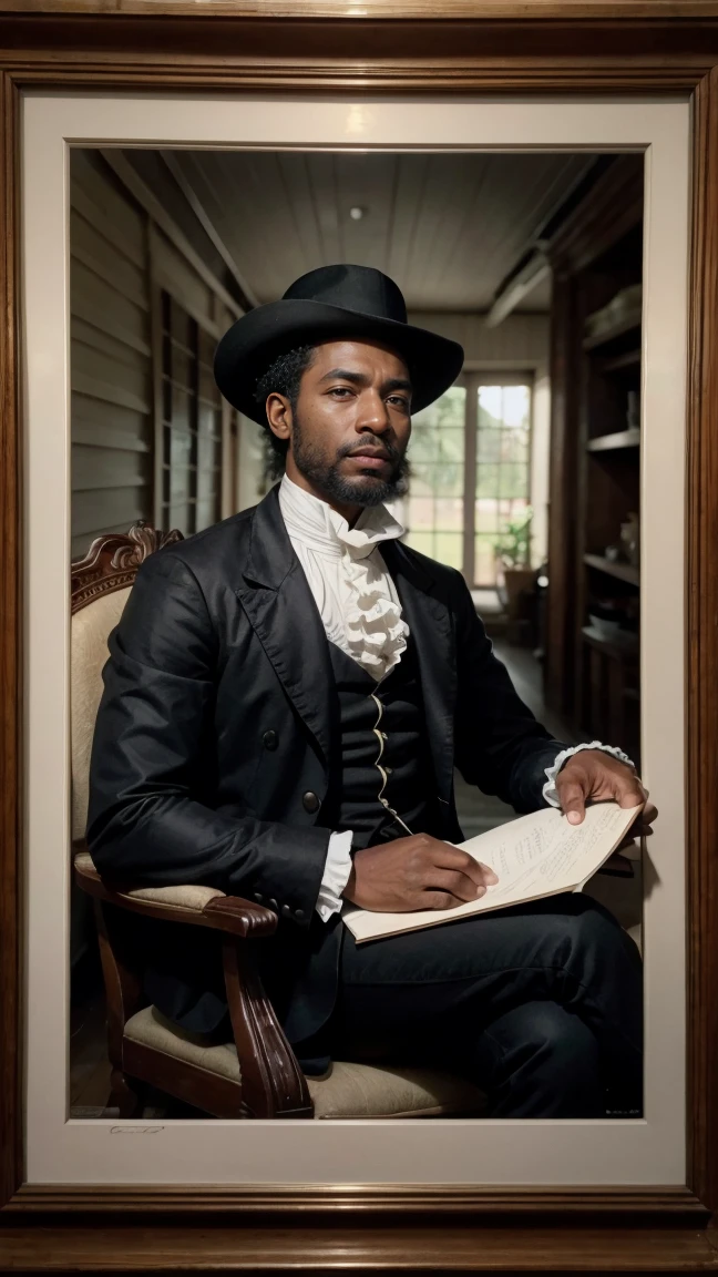 create a photograph of a black coffee baron from 18th century Brazil sitting on his farm 