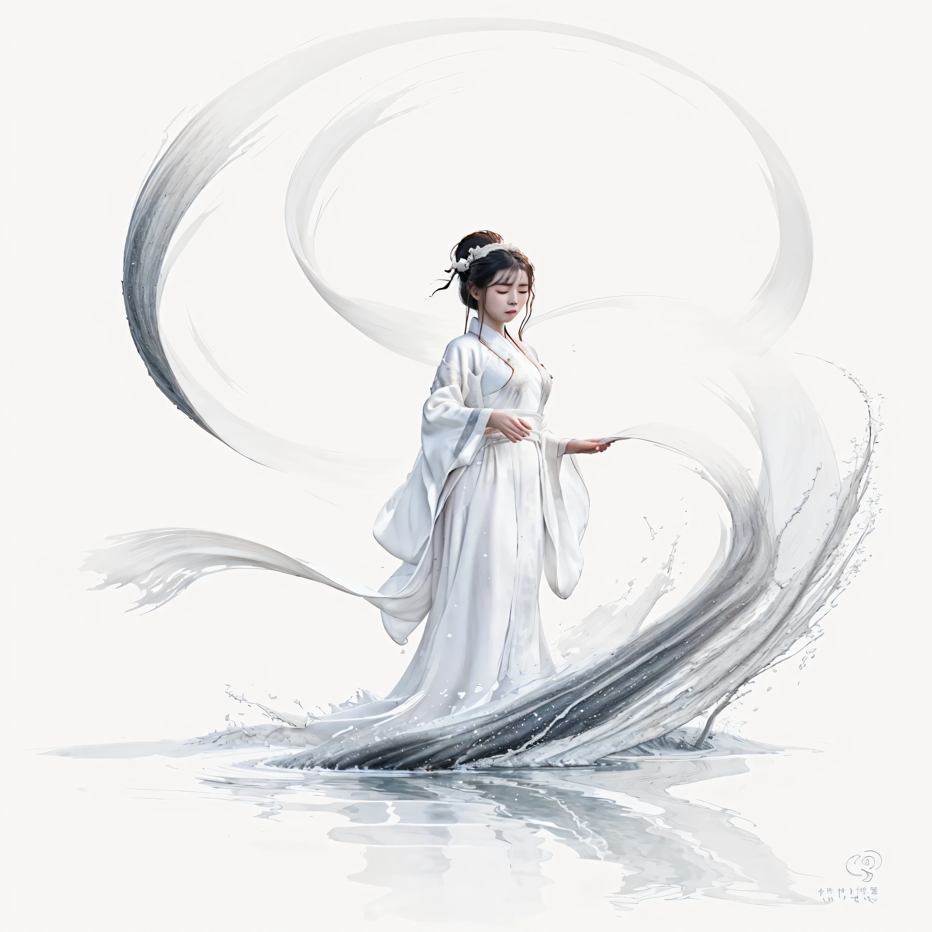 Draw a woman in a white dress standing in the water, Flowing white robe, White Hanfu, Flowing white robe,Detail face, Close your eyes, author:Yang J, palace , A girl in Hanfu, Flowing Magic Robe, Inspired by Ai Xuan, Flowing robe, Hanfu, Long flowing hair and robes, Beautiful character painting, Chinese painting style, Flowing robe