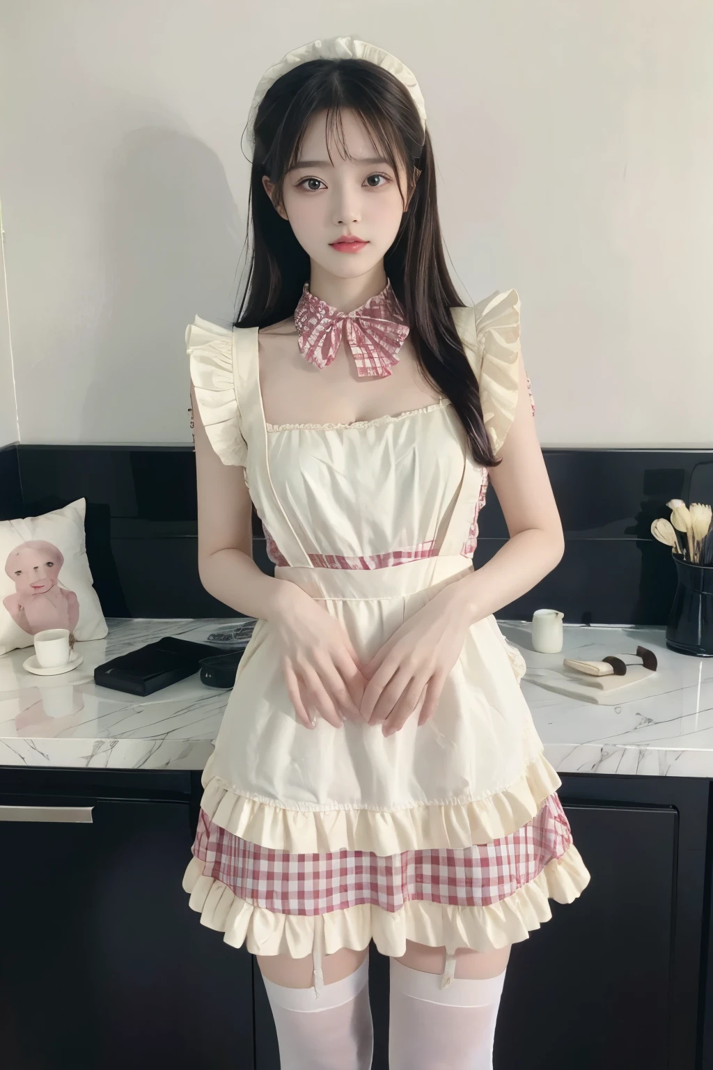 ((best quality)), ((masterpiece)), ((1girl)), solo, Ferry, ((long hair)), FerryBase, ((thighhighs)), bare shoulders, ((jewelry)), ((sleeveless)), white dress, pink skirt, white shoot from below, thighs exposed, red Lace gloves, thigh-high.