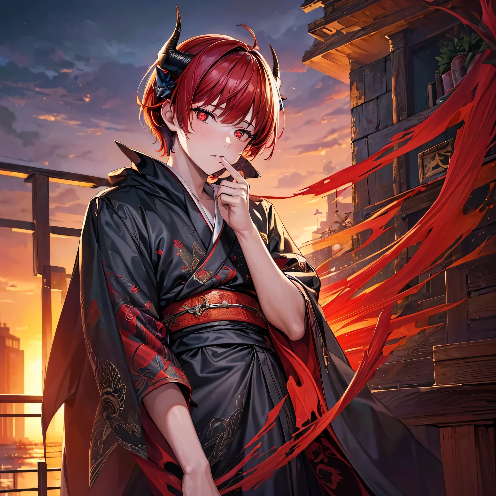 (masterpiece, top quality, best quality, official art, aesthetic:1.2), (1boy), boy, extremely detailed,(fractal art:1.2), highest detailed, wallpaper, ((predator pupils,red eyes)), short comma haircut, red hair, (black horns, horns towards the bangs), yukata outfit, (cowboy shot), in rooftop school, looking out