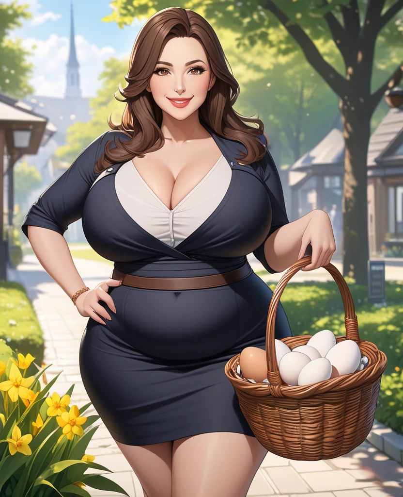 Masterpiece, hi res, absurdres, Best Quality, 4K, 8K, detailed, Mature female , curvy, Big ass, thick,tall,Brown hair, smiling, prominent lips, holding a basket full of eggs , knew length skirt,belly