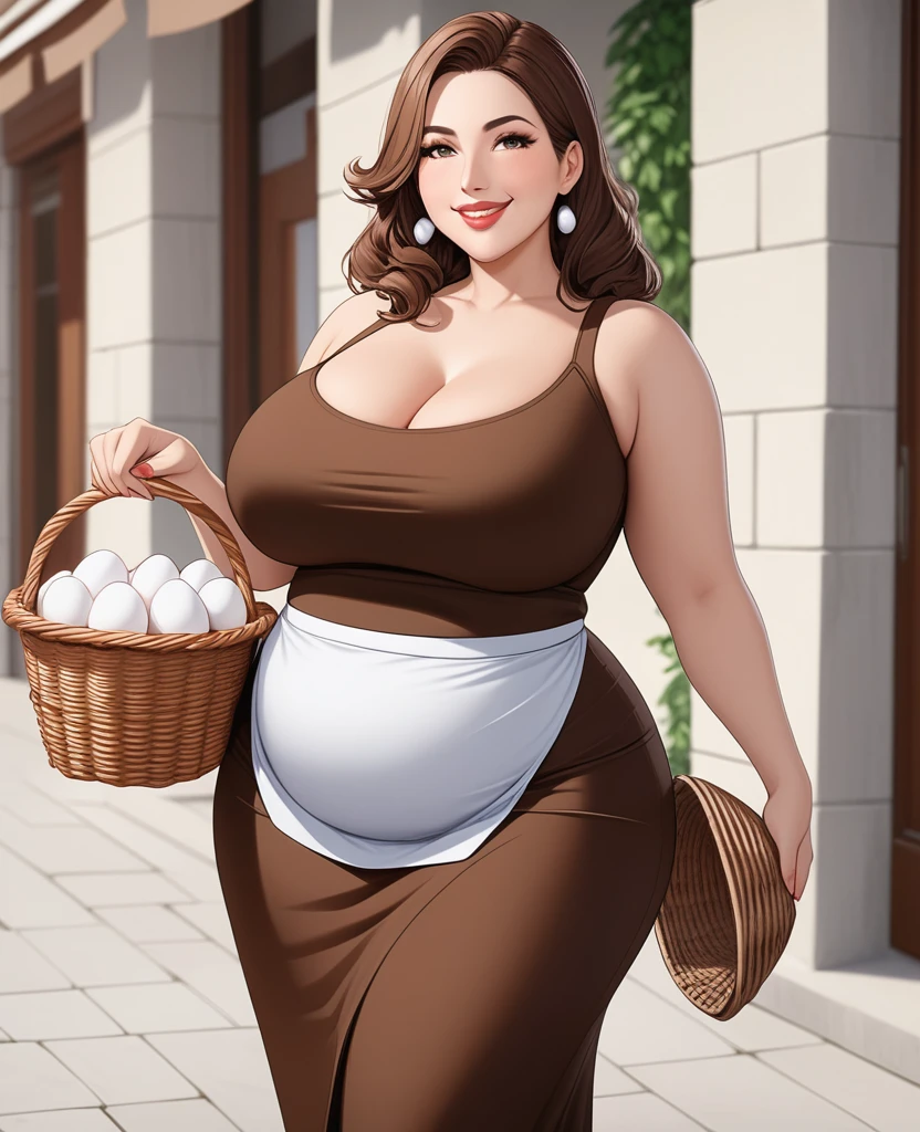 Masterpiece, hi res, absurdres, Best Quality, 4K, 8K, detailed, Mature female , curvy, Big ass, thick,tall,Brown hair, smiling, prominent lips, holding a basket full of eggs , knew length skirt,belly