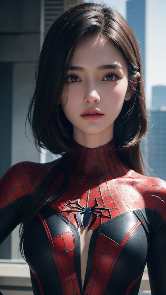 (1 girl:1.3), Alone, (((Very detailed face)))), ((Very detailed eyes and face.)))), beautifuls detalles ojos, body parts__, Official Art, unified 8k wallpaper, super detailed, beautiful and beautiful, beautiful, Masterpiece, Best Quality, Original, Masterpiece, super fine photo, Best Quality, super high resolution, realistic realism, sunlight, Full length portrait, extraordinary beauty, dynamic pose, delicate face, vibrant eyes, (FROM THE FRONT), He wears a Spider-Man suit., red and black color scheme, spider, fondo muy detallado del Ceiling de la ciudad, Ceiling, with city views, detailed face, detailed complex busy background, disordered, gorgeous, milky white, very detailed skin, realistic skin details, visible pores, clear focus, volumetric fog, 8k hd, DSLR, high quality, film grain, White skin, photographic realism, lomography, Futuristic dystopian megalopolis, translucent