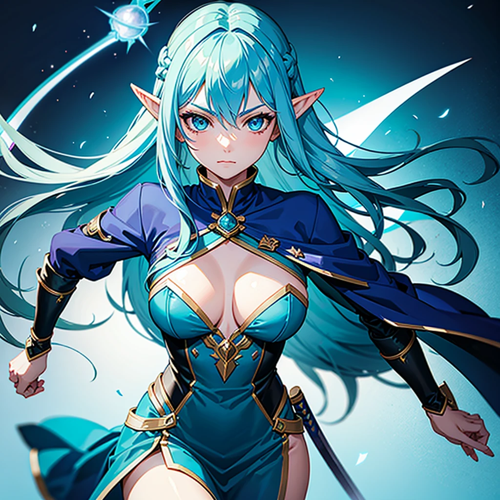 Create a female Astral Elf with blue hair and a katana and she is a mage in a rogue outfit 