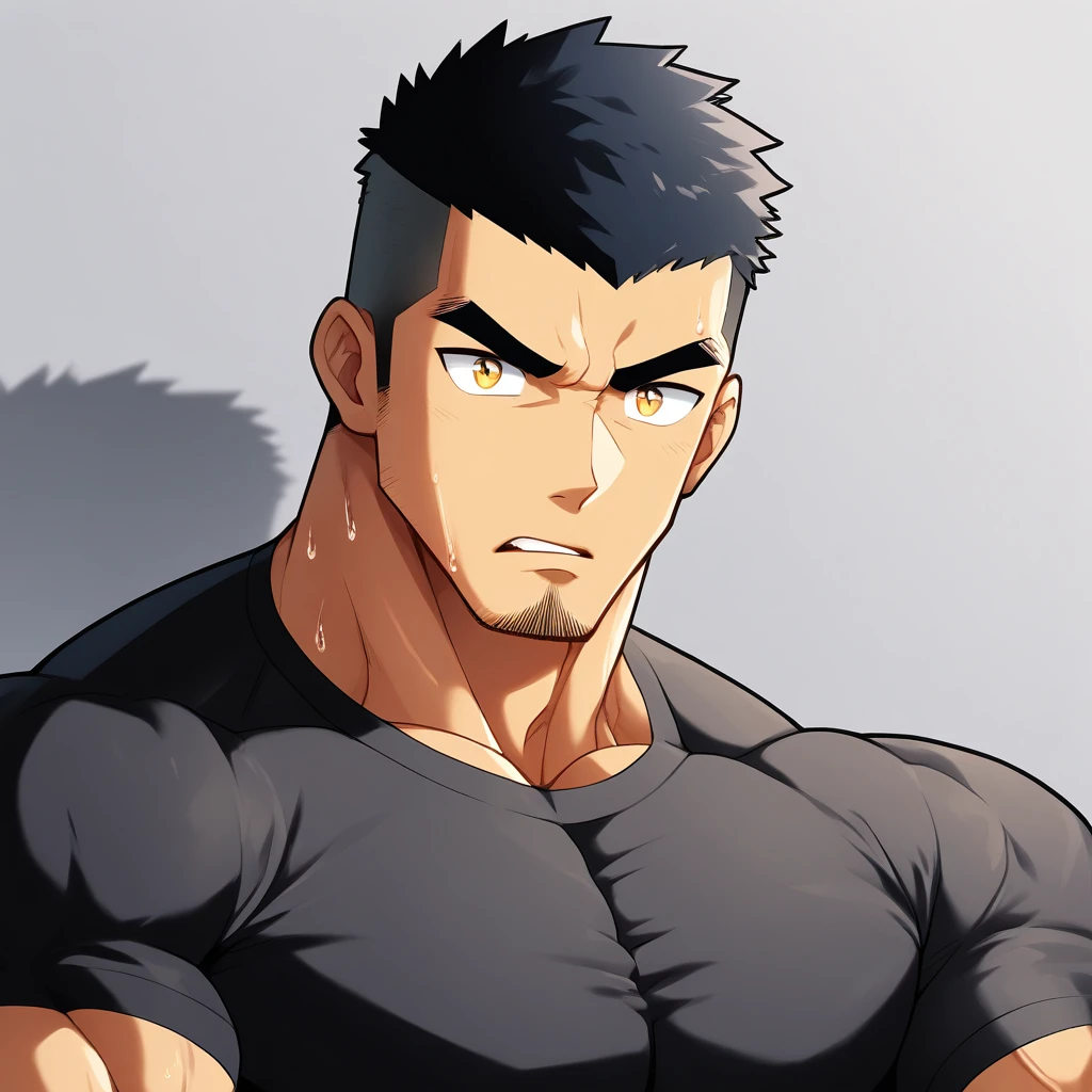 anime characters:Gyee, Muscle Sports Student, 1 muscular tough guy, Manliness, male focus, Close-up of the side, Light yellow high collar long sleeve tight T-shirt, Very tight, The clothes were soaked with sweat, The pectoral muscles are oversized, Slightly transparent, muscular male, muscular, only, Upper body, alone, Black short hair, Thick eyebrows, stubble, Yellow eyes, Grey background, simple background, amazing quality, best aesthetics, Ridiculous, bright pupils, crew cut, parted lips, v-shaped eyebrows, jitome, disdain, drop shadow, best quality