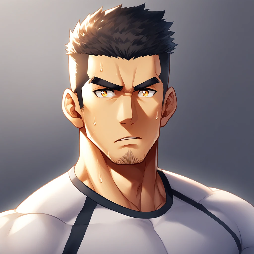 anime characters:Gyee, Muscle Sports Student, 1 muscular tough guy, Manliness, male focus, Close-up of the side, Light yellow high collar long sleeve tight T-shirt, Very tight, The clothes were soaked with sweat, The pectoral muscles are oversized, Slightly transparent, muscular male, muscular, only, Upper body, alone, Black short hair, Thick eyebrows, stubble, Yellow eyes, Grey background, simple background, amazing quality, best aesthetics, Ridiculous, bright pupils, crew cut, parted lips, v-shaped eyebrows, jitome, disdain, drop shadow, best quality