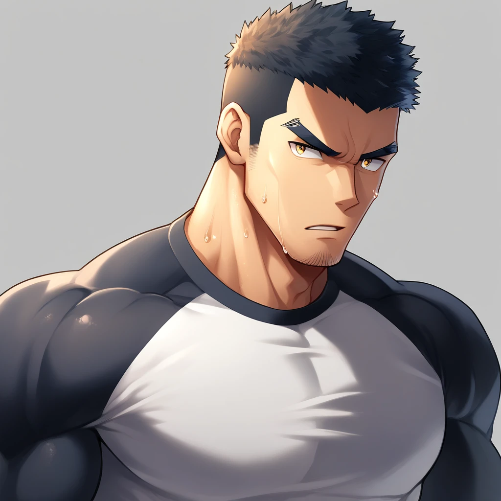 anime characters:Gyee, Muscle Sports Student, 1 muscular tough guy, Manliness, male focus, Close-up of the side, Light yellow high collar long sleeve tight T-shirt, Very tight, The clothes were soaked with sweat, The pectoral muscles are oversized, Slightly transparent, muscular male, muscular, only, Upper body, alone, Black short hair, Thick eyebrows, stubble, Yellow eyes, Grey background, simple background, amazing quality, best aesthetics, Ridiculous, bright pupils, crew cut, parted lips, v-shaped eyebrows, jitome, disdain, drop shadow, best quality