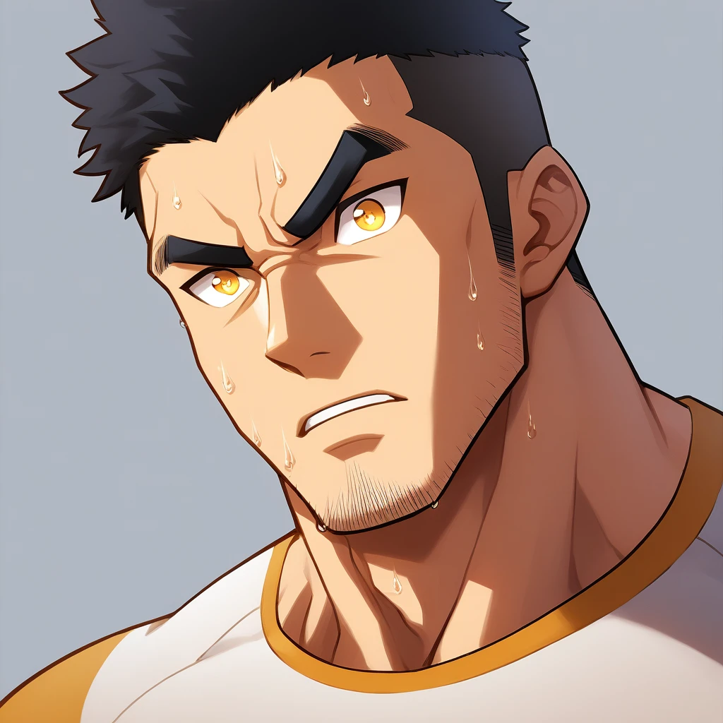 anime characters:Gyee, Muscle Sports Student, 1 muscular tough guy, Manliness, male focus, Close-up of the side, Light yellow high collar long sleeve tight T-shirt, Very tight, The clothes were soaked with sweat, The pectoral muscles are oversized, Slightly transparent, muscular male, muscular, only, Upper body, alone, Black short hair, Thick eyebrows, stubble, Yellow eyes, Grey background, simple background, amazing quality, best aesthetics, Ridiculous, bright pupils, crew cut, parted lips, v-shaped eyebrows, jitome, disdain, drop shadow, best quality