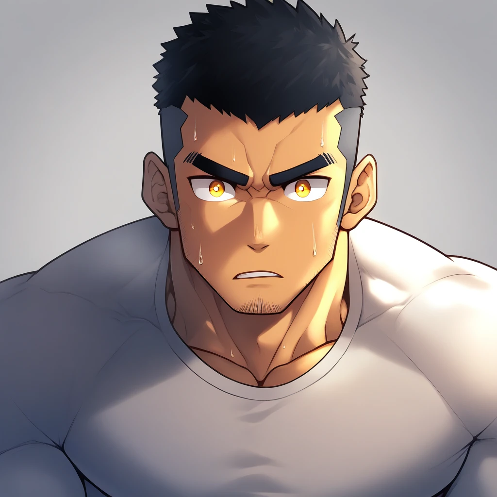 anime characters：Gyee, Muscle Sports Student, 1 muscular tough guy, Manliness, male focus, Close-up of the side, Light yellow high collar long sleeve tight T-shirt, Very tight, The clothes were soaked with sweat, The pectoral muscles are oversized, Slightly transparent, muscular male, muscular, only, Upper body, alone, Black short hair, Thick eyebrows, stubble, Yellow eyes, Grey background, simple background, amazing quality, best aesthetics, Ridiculous, bright pupils, crew cut, parted lips, v-shaped eyebrows, jitome, disdain, drop shadow, best quality
