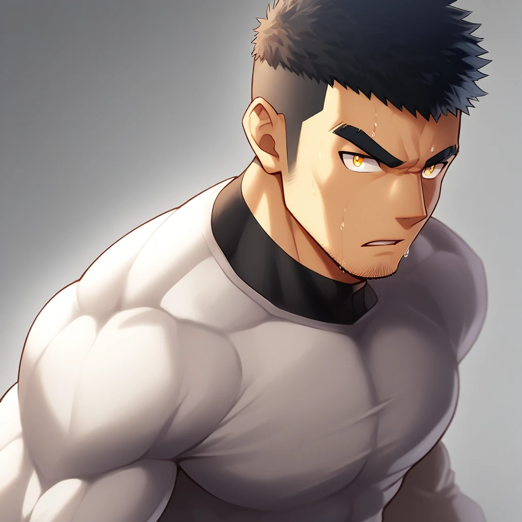 anime characters:Gyee, Muscle Sports Student, 1 muscular tough guy, Manliness, male focus, Close-up of the side, Light yellow high collar long sleeve tight T-shirt, Very tight, The clothes were soaked with sweat, The pectoral muscles are oversized, Slightly transparent, muscular male, muscular, only, Upper body, alone, Black short hair, Thick eyebrows, stubble, Yellow eyes, Grey background, simple background, amazing quality, best aesthetics, Ridiculous, bright pupils, crew cut, parted lips, v-shaped eyebrows, jitome, disdain, drop shadow, best quality