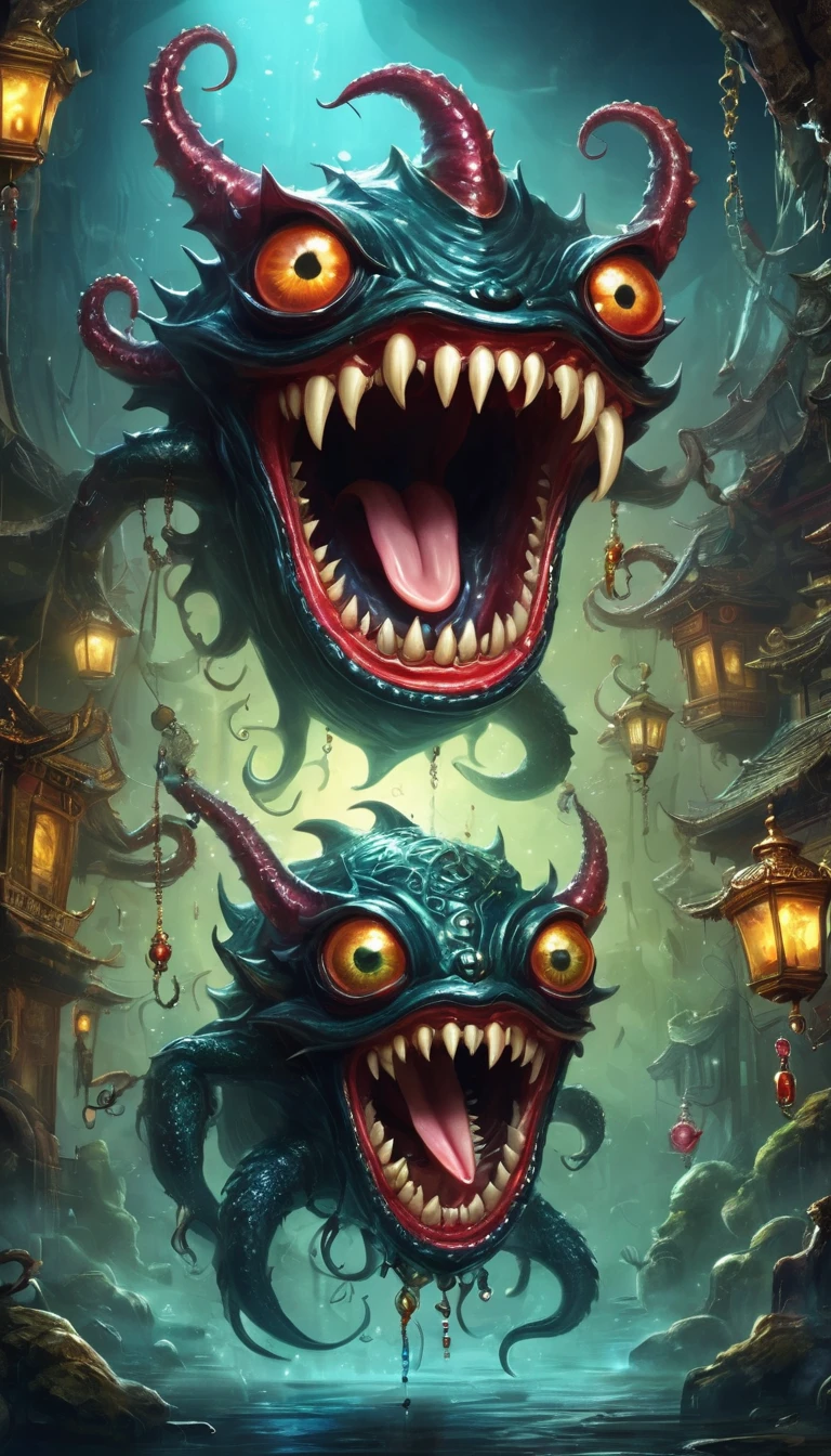 (masterpiece, best quality:1.2), dark，Fear，imitate，Suspension，Mimic，Treasure Box Monster，Box Monster Full of Jewels - One Eye - Sharp Teeth - Ugly - Long Tongue，Long tentacles，Scattered jewelry,Greedy should be open, Reveals a big, Weird tongue and nasty teeth. 