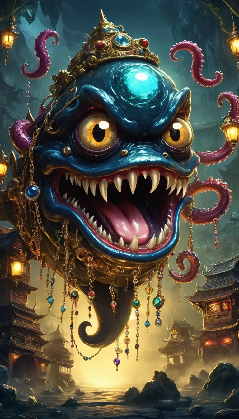(masterpiece, best quality:1.2), dark,Fear,imitate,Suspension,Mimic,Treasure Box Monster,Box Monster Full of Jewels - One Eye - Sharp Teeth - Ugly - Long Tongue,Long tentacles,Scattered jewelry,Greedy should be open, Reveals a big, Weird tongue and nasty teeth.