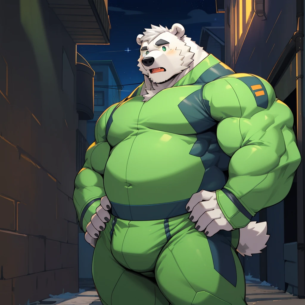masterpiece, best quality, 8k resolution, Very detailed, hairy,(((Polar Bear)),(((Strong))),(((White hair))),portrait,(((White hairall over body))),(((With orange))),(((outdoor))),For the audience,(((Light Green Hero Bodysuit))),Highest quality scenes,solitary,(((whole body))),(((Hands on hips))),(((Alley))),(((surprise))),((Fat-wrapped muscles)),(((Father))),(((Round Face))),(((Solitary))),(((Strong body))),(((Bulging buttocks))),(((Night)))