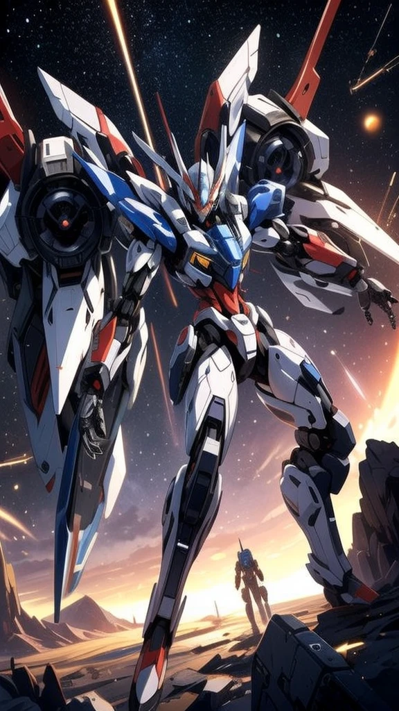 universe space、Confronting and fighting the enemy、They are locked in a sword fight.、Gundam、Mobile Suit、Draw a side view、