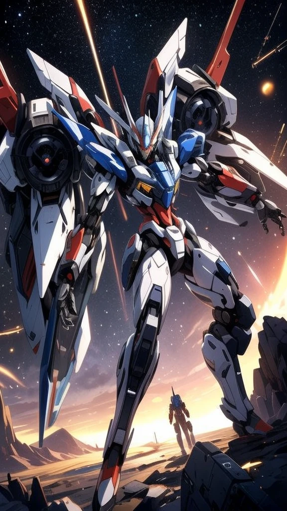 universe space、Confronting and fighting the enemy、They are locked in a sword fight.、Gundam、Mobile Suit、Draw a side view、
