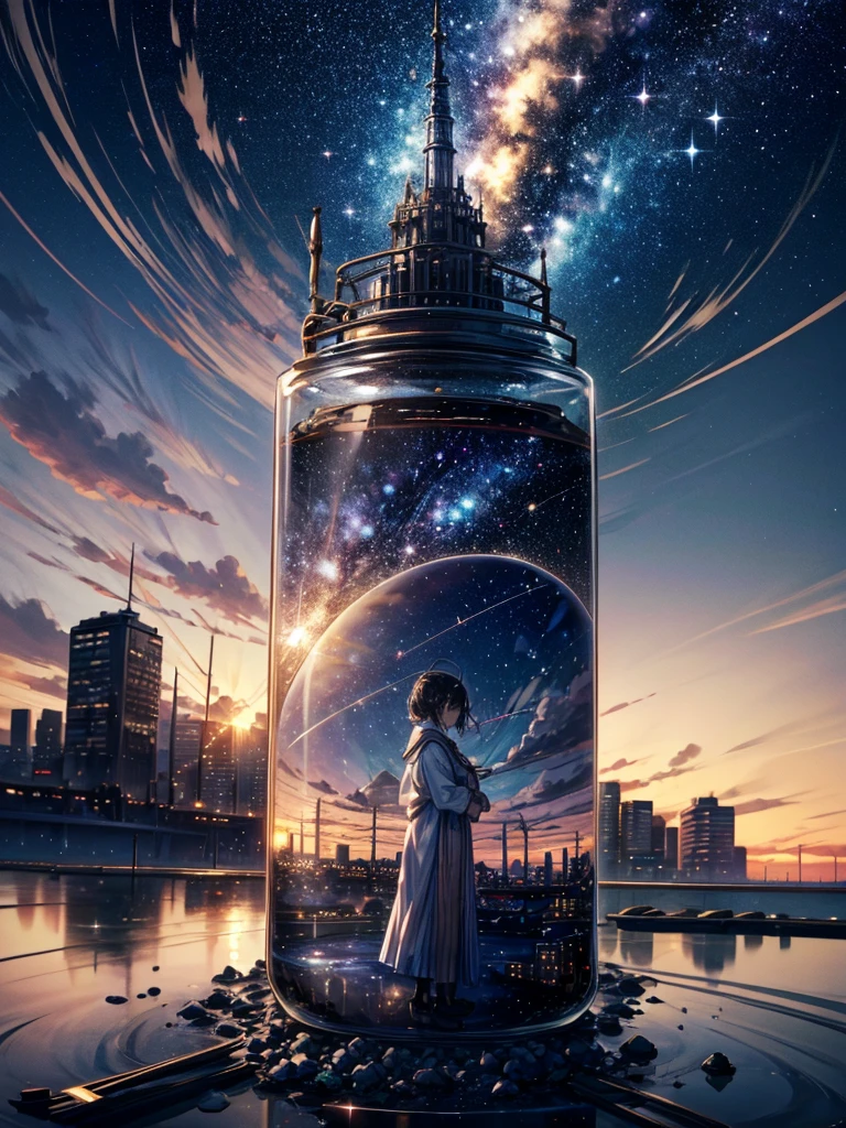 landscape、The view in the glass、Starry Sky、constellation、A city in the sea、god秘的、beautiful、Super detailed、masterpiece、Highest quality、Transparency、god々Shii、blue、No people