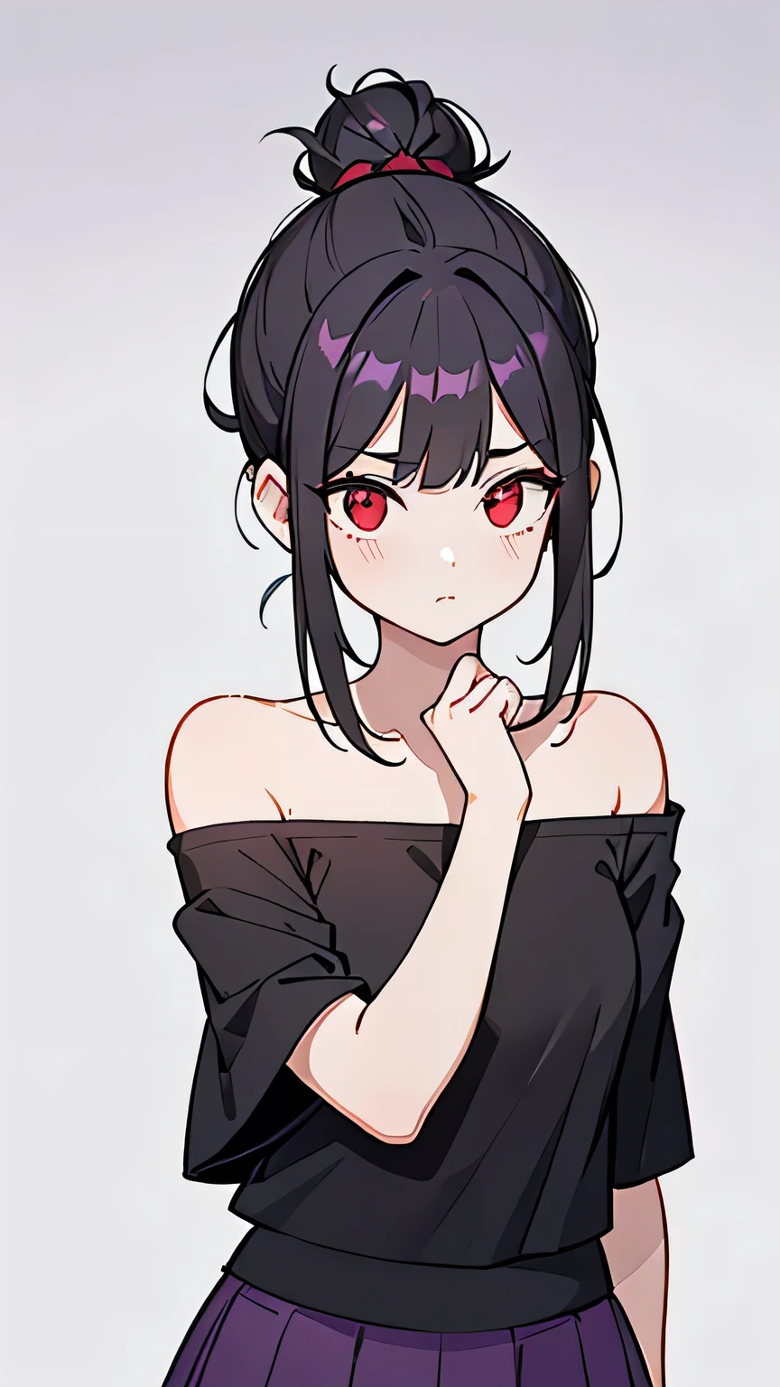 (Girl1,triangle face,red eyes),(black hair,top Knot hairstyle),(purple t-shirt off-the-shoulder neckline,short skirt),standing,white wallpaper,Highly detailed ,8K wallpapers،Highest quality, high resolution, beautiful lighting, detailed shadow,high resolution،highly detailed,detailed faces and eyes,realistic eyes