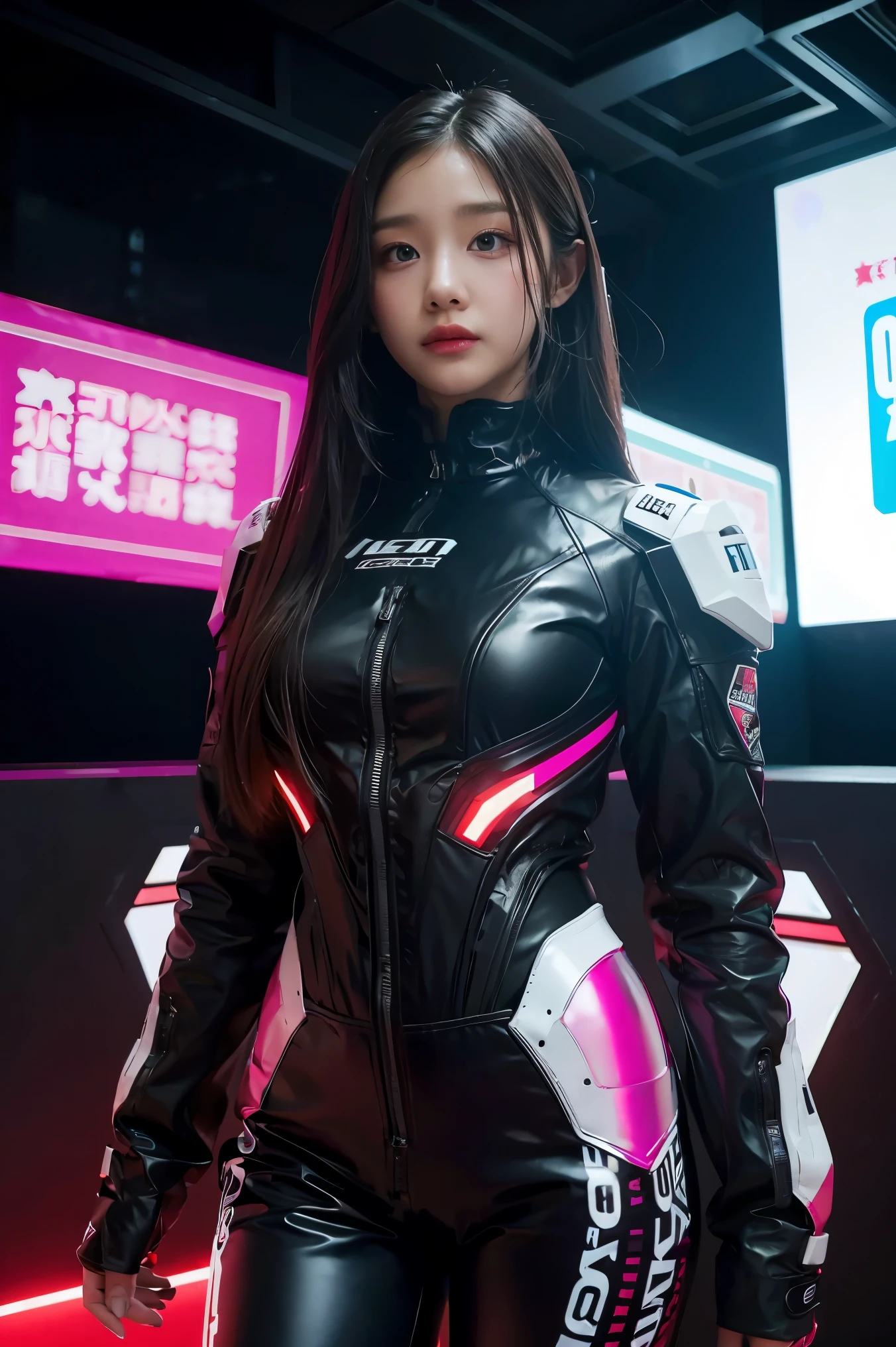 ((masterpiece, best quality, extremely detailed), volumetric lighting, ambient occlusion, colorful, glowing), 1girl, solo, young girl, (dark hair), long hair, halo, aura, sacred, godness, cyber suit, (black outfit:1.3), android, bot, cybernetic wings, outdoors, sunset, sky, clouds, space, (cyberpunk theme:1.2),