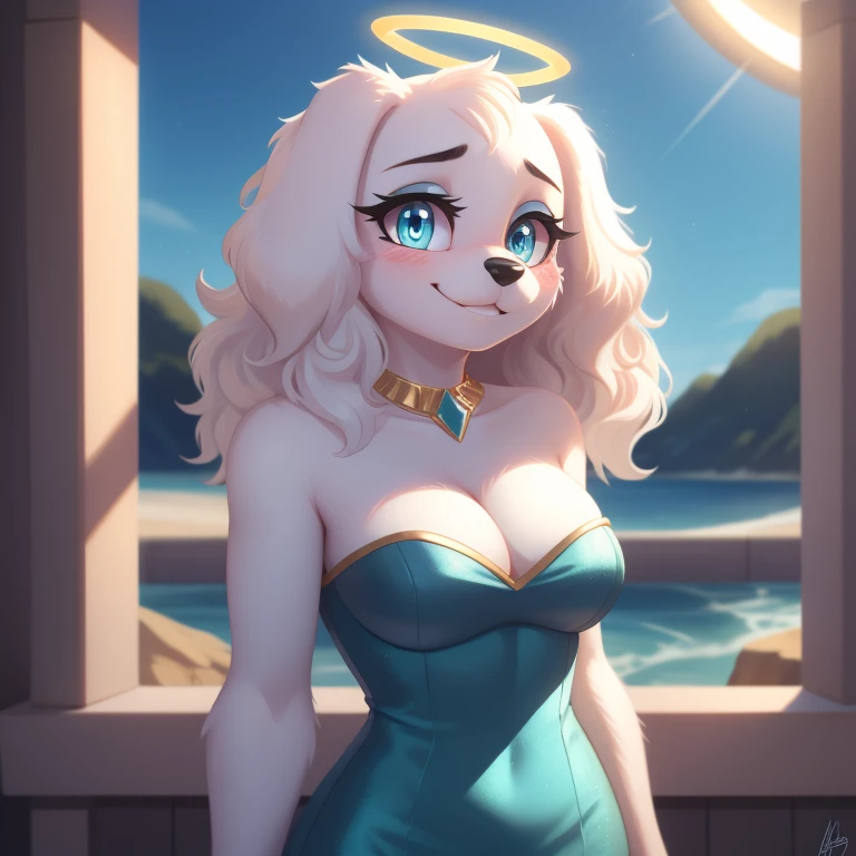 Fay Spaniel, strapless tight dress, cleavage, white hair, curly hair, halo, sunglasses, jewelry, aqua eyes, longeyelashes, aqua eyes, smile, shy, blush, high detail, masterpiece, UHD, anatomically correct, super detail, highres, 4K