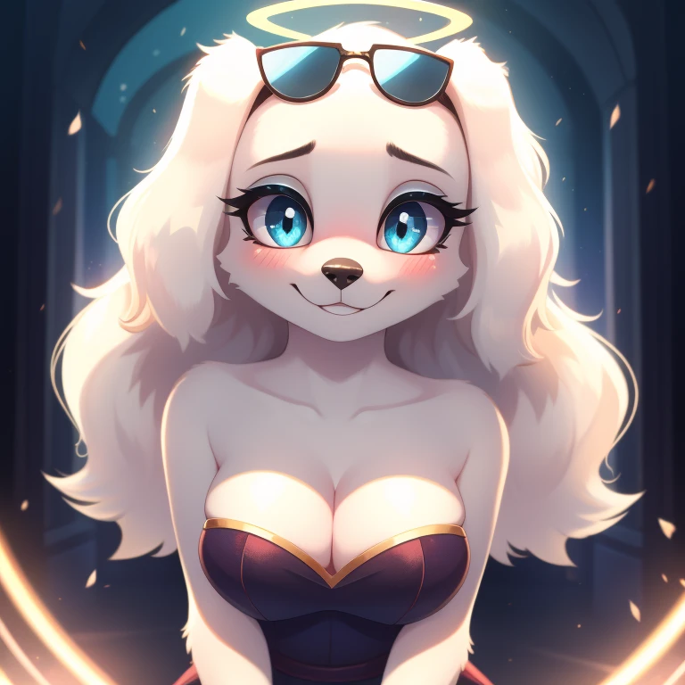 Fay Spaniel, strapless tight dress, cleavage, white hair, curly hair, halo, sunglasses, jewelry, aqua eyes, longeyelashes, aqua eyes, smile, shy, blush, high detail, masterpiece, UHD, anatomically correct, super detail, highres, 4K