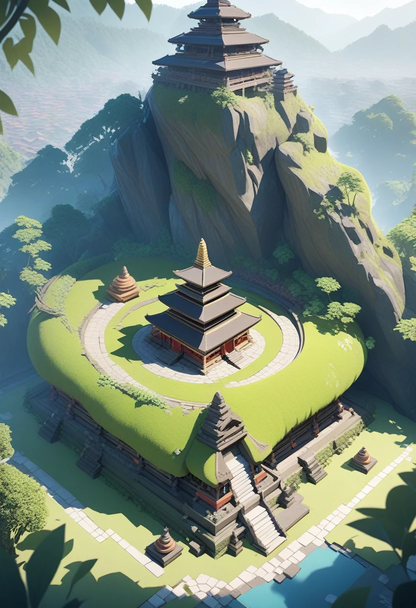(Isometric 3D),(masterpiece),  (Highly detailed CG Unity 8k wallpaper), (Highest quality), (Best illustrations), (Best Shadow),, cute , Bali Temple, A round turnip hut covered with moss, ,Octane Rendering,Ray Tracing,Super detailed