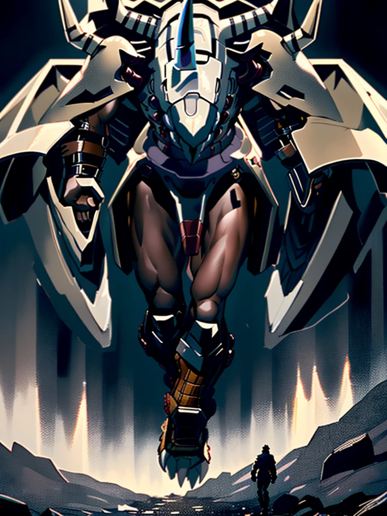 Humanity, alone, WarGreymon, armor, male, Digimon, Helmet, horn, Green Eyes, View your viewers, break, Detailed Background, Realistic, 8k hd, Attention to detail, (Dark Shadows, Wide dynamic range, High resolution, Low Light:1.2),Realistic depiction, mysterious, dynamic poses,