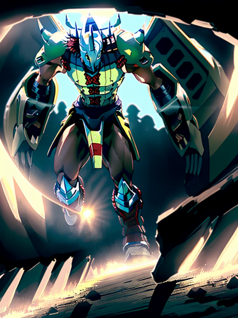 Humanity, alone, WarGreymon, armor, male, Digimon, Helmet, horn, Green Eyes, View your viewers, break, Detailed Background, Realistic, 8k hd, Attention to detail, (Dark Shadows, Wide dynamic range, High resolution, Low Light:1.2),Realistic depiction, mysterious, dynamic poses,