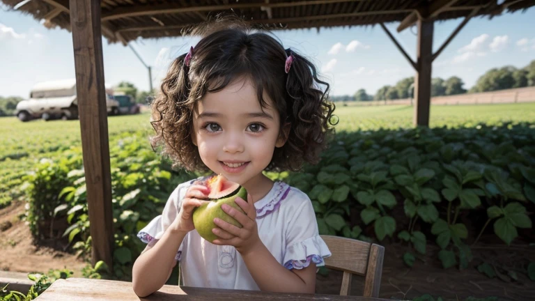 (Desenho estilo pixar) Alice, a  girl with curly hair, radiant dark skin and a charming smile that lights up any room. Alice eating fruit on the farm