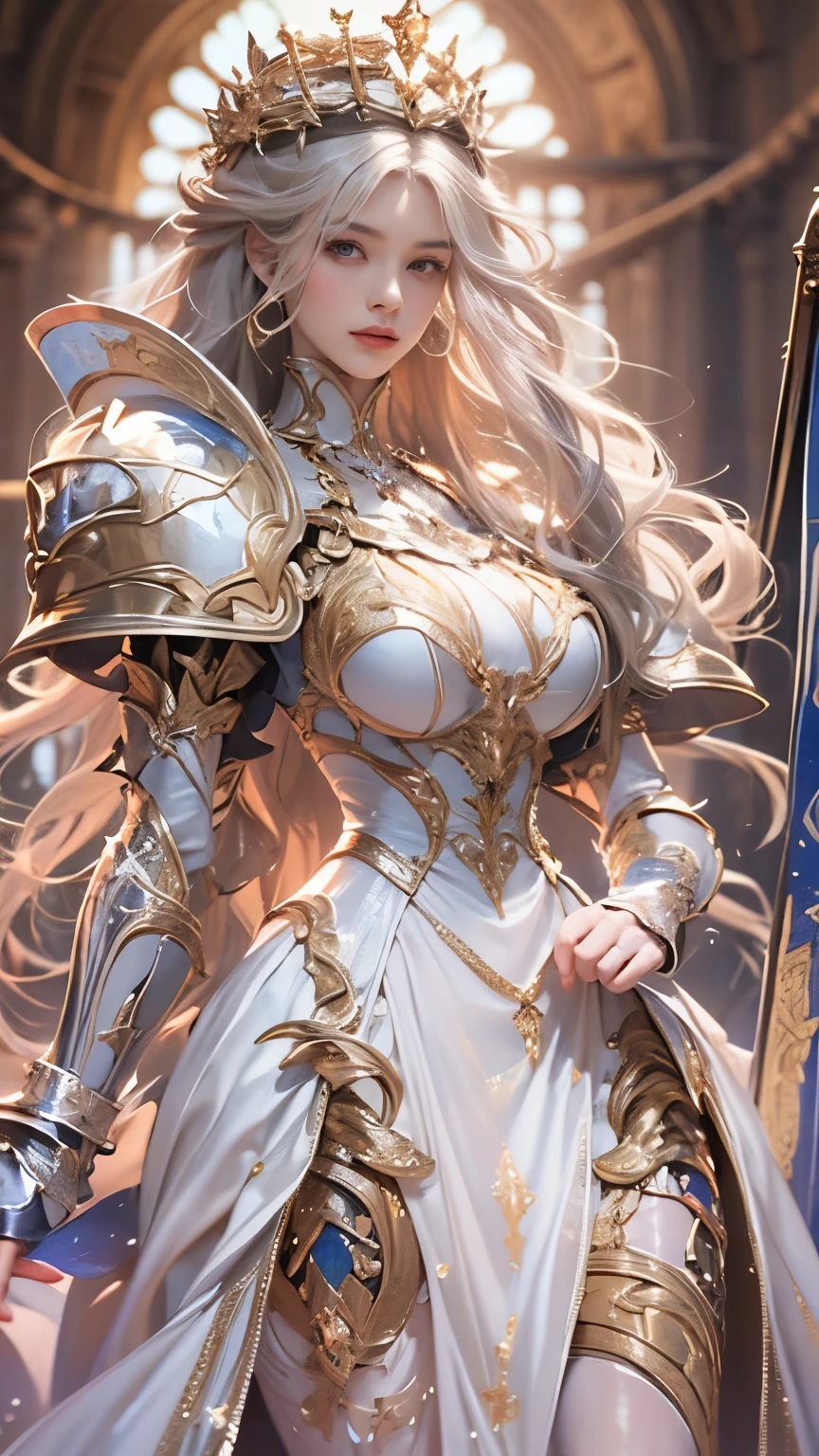 8K resolution, masterpiece, Highest quality, Award-winning works, unrealistic, sole sexy lady, healthy shaped body, 25 years old, white wavy long hair, hair band, big firm bouncing bust, ancient roman military commander's armor, Pure white armor with a complex structure, royal coat of arms, excalibur, elegant, Very detailed, Digital Painting, artステーション, コンセプトart, Smooth, Sharp focus, shape, artジャム、Greg Rutkowski、Alphonse Mucha、William Adolphe Bouguereau、art：Stephanie Law , Magnificent royal background, Royal Jewel, nature, Full Shot, Symmetric, Greg Rutkowski, Charlie Bowwater, beep, Unreal 5, Surreal, Dynamic Lighting, ファンタジーart, Complex colors, Colorful magic circle, flash,  dynamic sexy poses