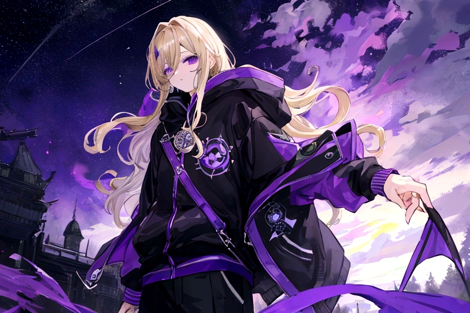 Highest quality、masterpiece、male、Purple hoodie、Black jacket、Black trousers、Curly blonde、Green right eye and grey left eye、Under the full moon、Purple night sky