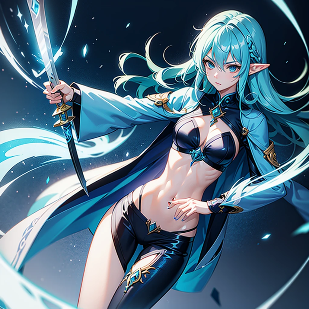 Create a female Astral Elf with blue hair and a katana and she is a mage in a rogue outfit 