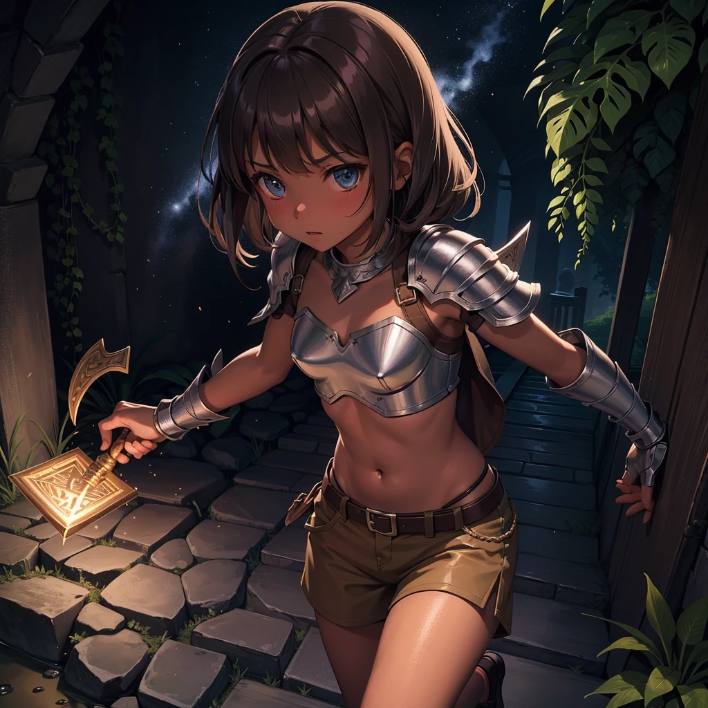 最high quality、high quality、Simple Cloth Armor、１０Year-old girl adventurer、Descend the maze stairs、brown shorts、Equipped with a dagger and a shield、In a dark maze、The body is being swallowed by slime
