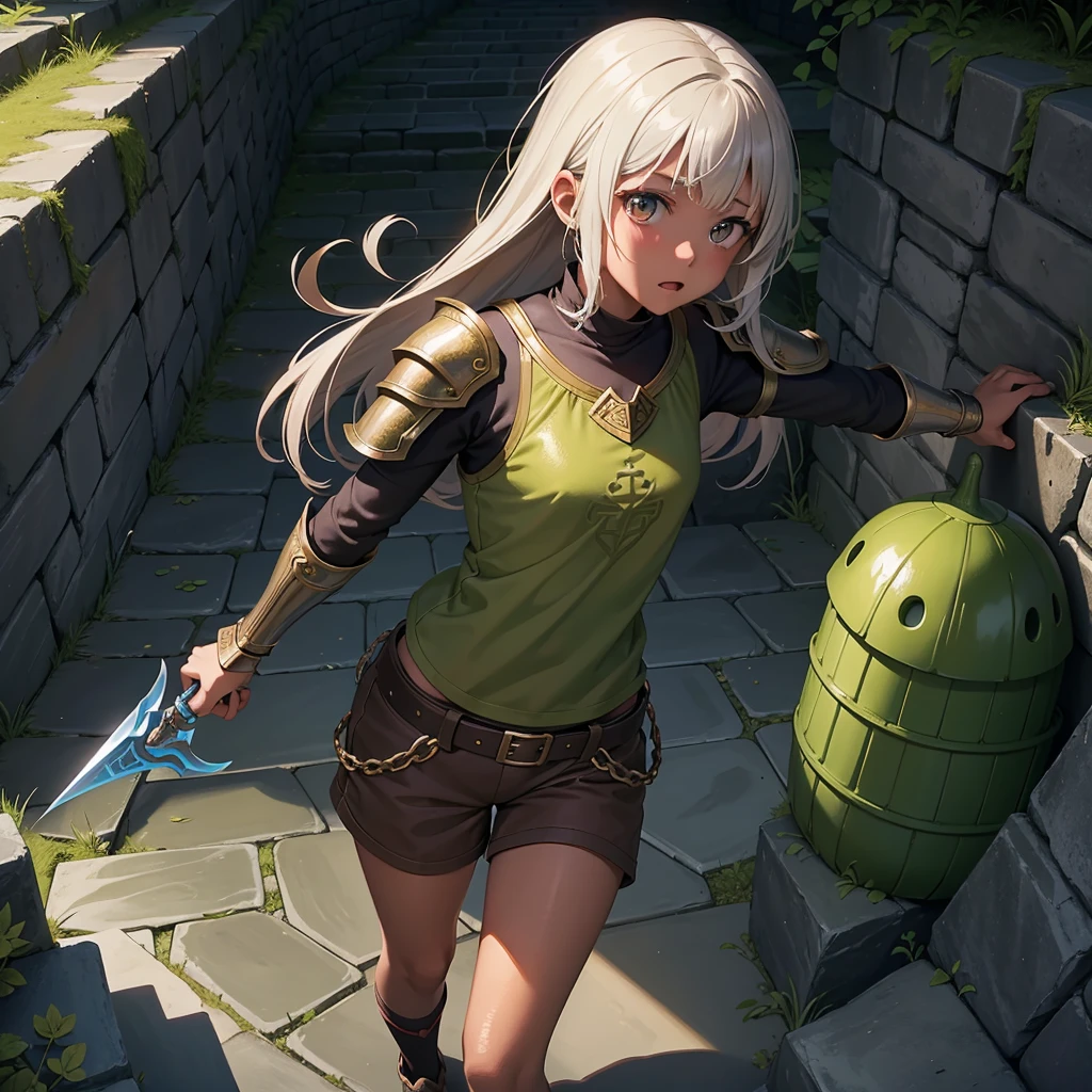 最high quality、high quality、Simple Cloth Armor、10Year-old girl adventurer、Descend the maze stairs、brown shorts、Equipped with a dagger and a shield、In a dark maze、The body is being swallowed by slime